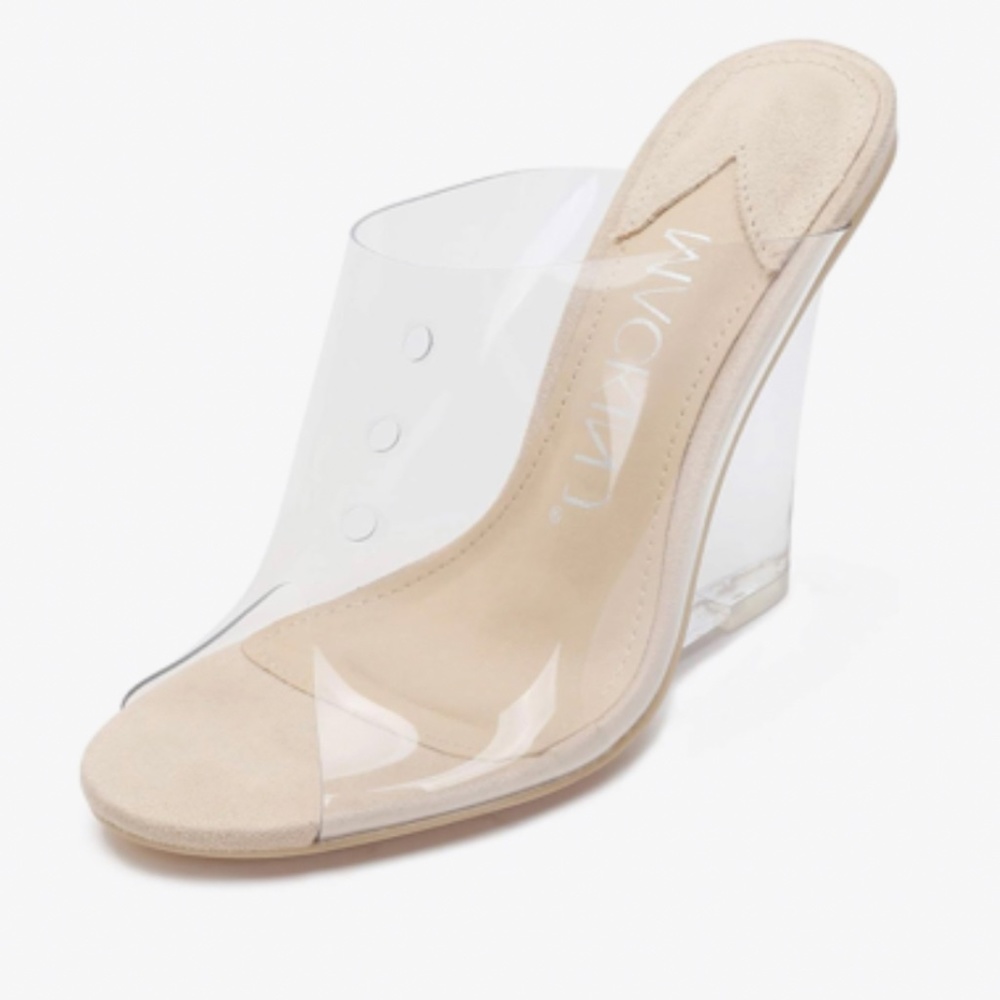 Trendy 7.5 - 8 Lucite Clear Mackin J Wedge Heels Glass Slipper NARROW 4in Wedges